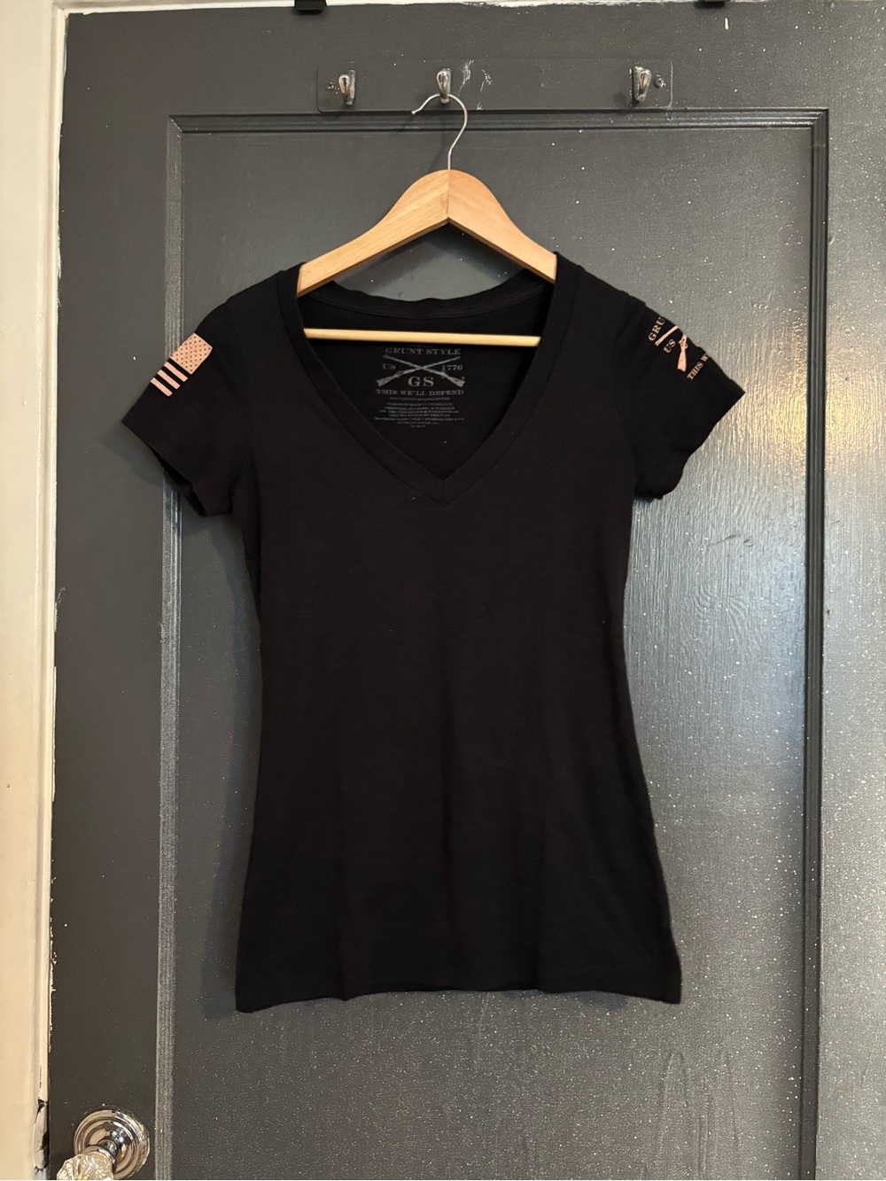 Grunt Style Black V-Neck Short Sleeve Tee with Subtle Sleeve Print